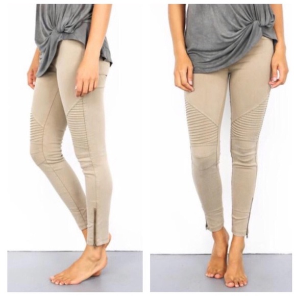 KHAKI ankle zip pull on moto leggings S/M - Picture 2 of 8